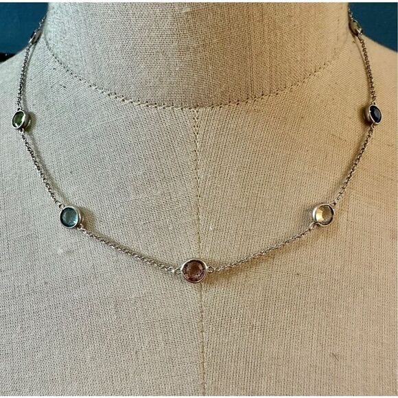 Sterling Silver  colorful Multi Gemstone Station Necklace - Picture 1 of 9